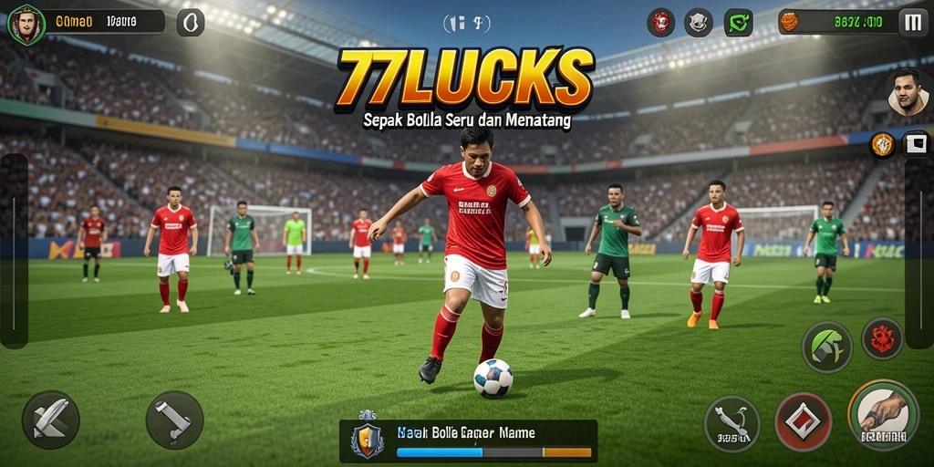 Tampilan gameplay seru dalam 77LUCKS yang menampilkan pertandingan sepak bola.