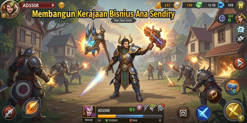 Tampilan gameplay seru dalam ADS508, menunjukkan pembangunan kerajaan bisnis.