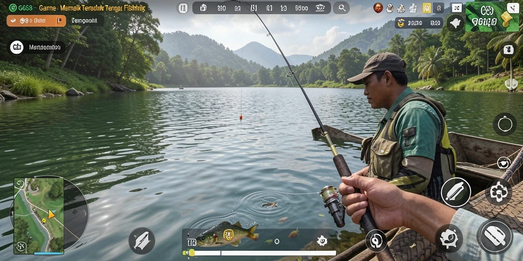 Screenshot gameplay G668 yang menampilkan momen menangkap ikan.