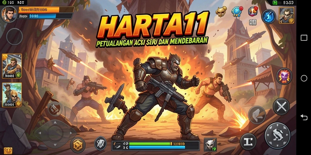 Tampilan utama HARTA11 menampilkan aksi seru dan karakter yang bertenaga.
