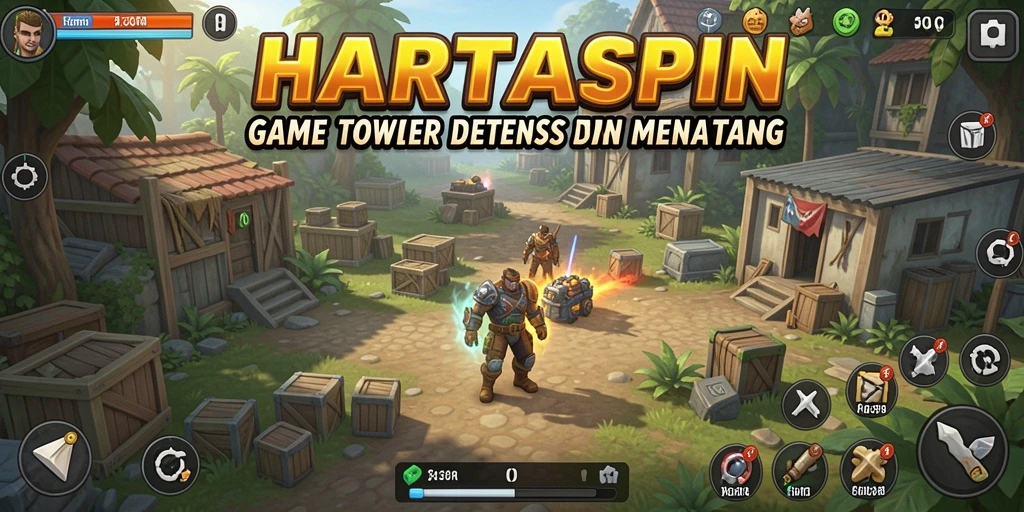Screenshot gameplay HARTASPIN menampilkan menara yang siap menghadapi gelombang musuh.