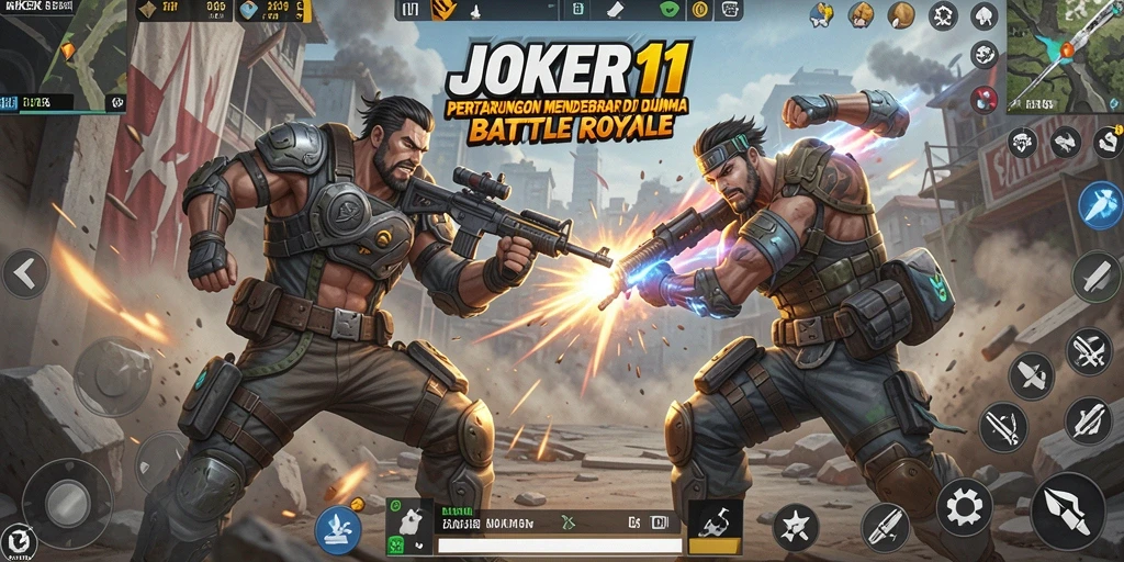 Tangkapan layar JOKER11 yang menunjukkan aksi Battle Royale yang intens.