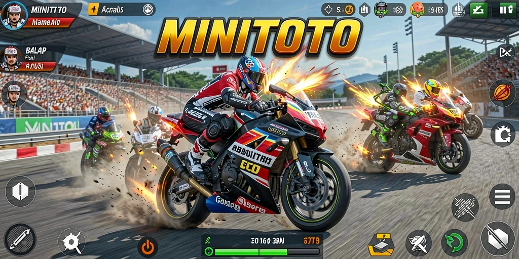 Tangkapan layar gameplay balap motor yang mendebarkan.