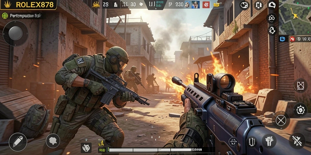 Screenshot gameplay ROLEX878 menampilkan aksi seru dalam pertempuran FPS.