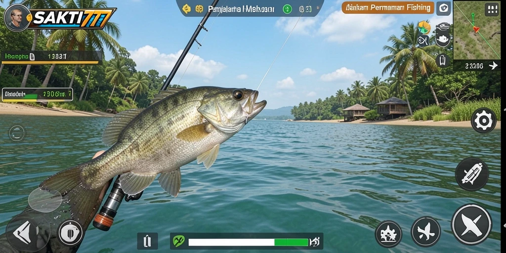 Screenshot menunjukkan pemain sedang asyik memancing di danau yang indah.