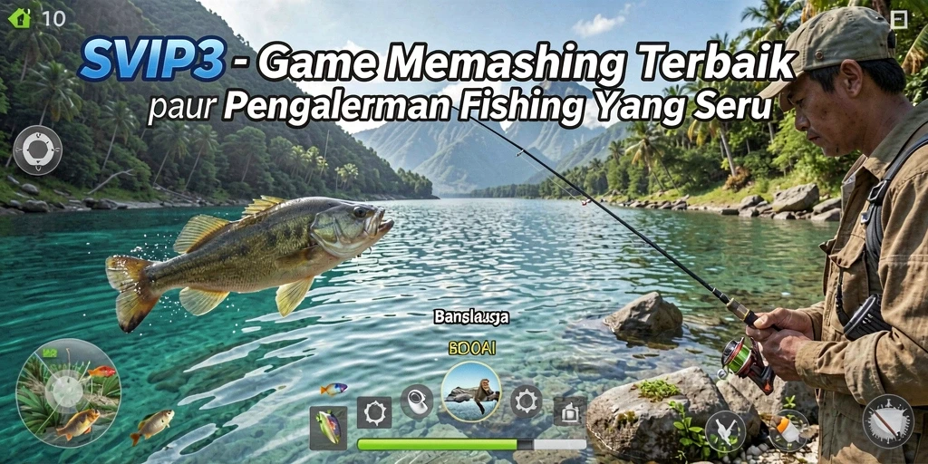Screenshot gameplay SVIP3 yang menampilkan aksi memancing yang menegangkan.